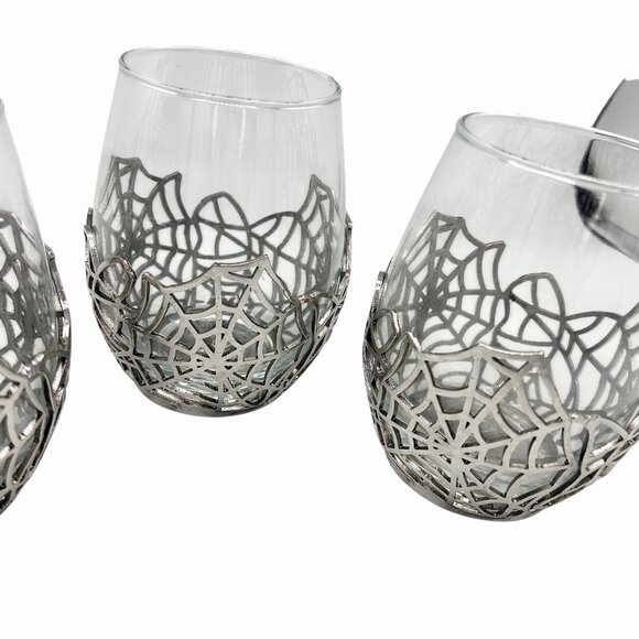 NWT SET OF 3 LARGE SILVER METAL SPIDERWEB STEMLESS WINE WATER GLASSES HALLOWEEN - Picture 4 of 7